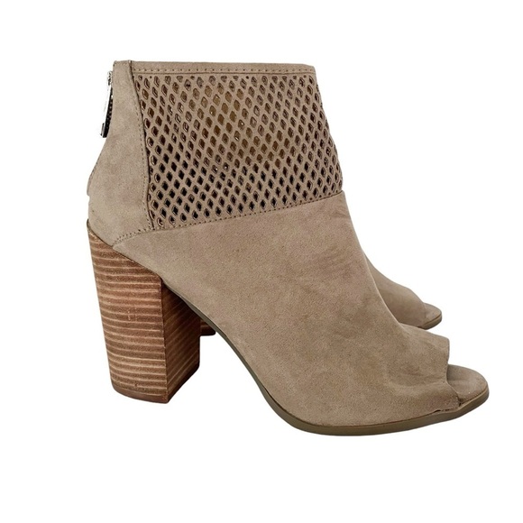 Report Barnack Ankle Booties Women's Size 8 Grey Tan Open Toe Laser Cut Heel Zip - Picture 2 of 10